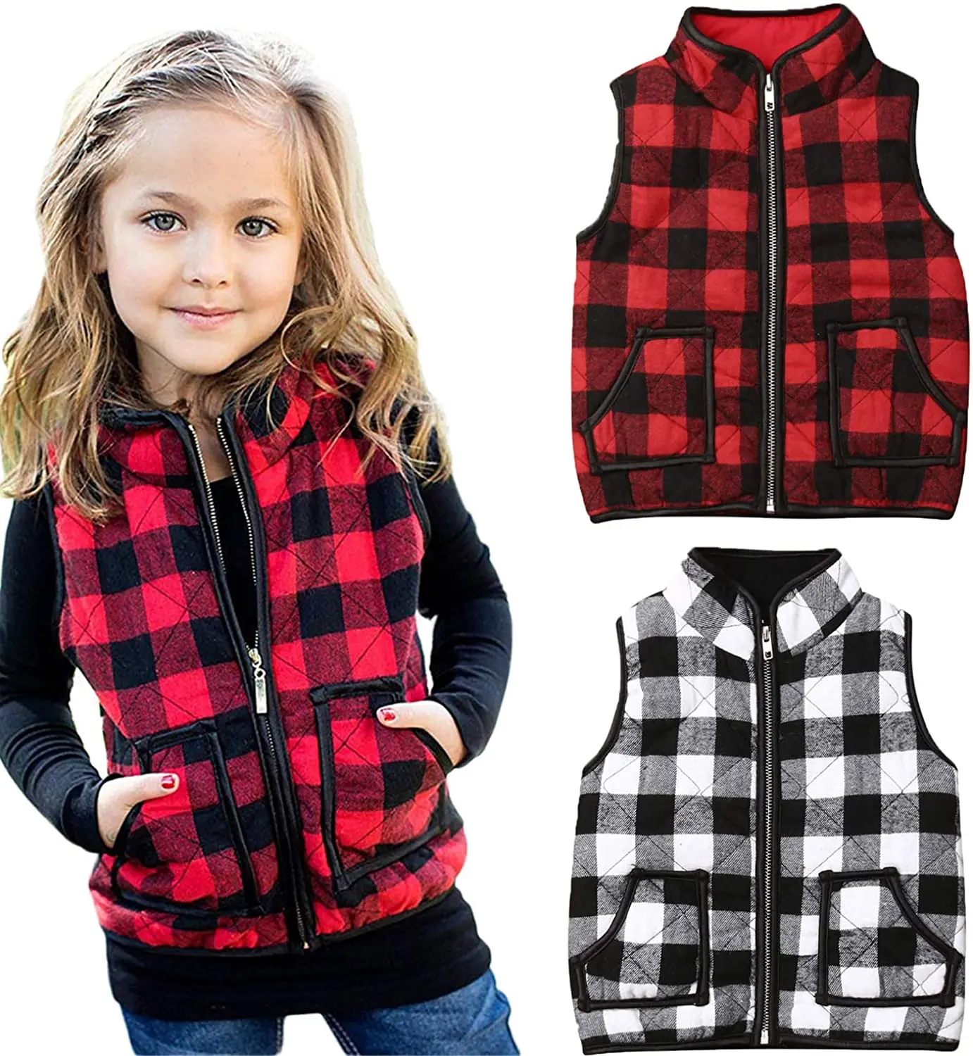 Hot sale Winter Warm Waistcoat Vest Clothes Kids Puffer Quilted Pocket Gilet Coat girl Buffalo Plaid Zipper Jacket