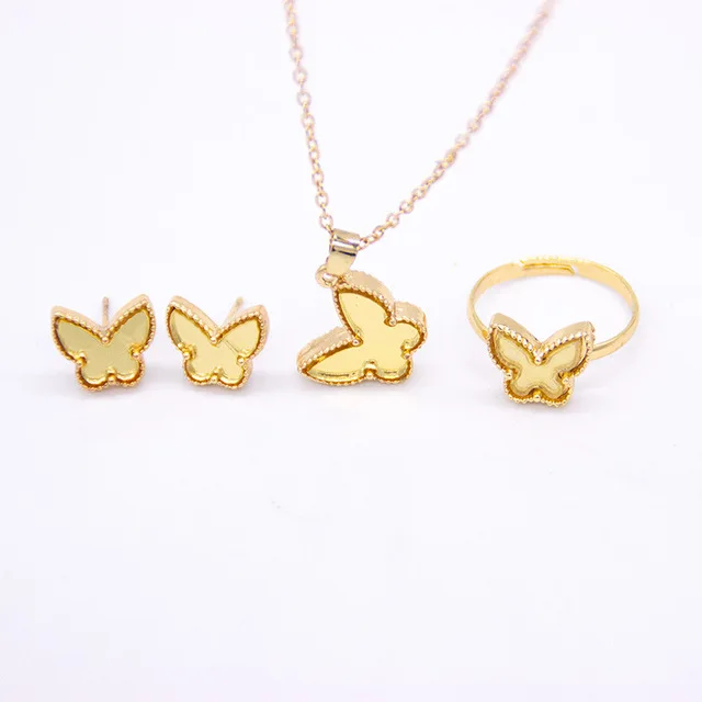 Wholesale Four-leaf Clover Three-piece Earrings Ring Pendant Simple Colorful Butterfly Necklace Set
