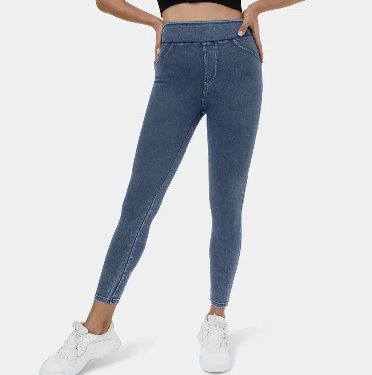 Stretchy Knit Denim Casual Leggings High Quality Washed Denim Elastic Waist  2024 Women Jean