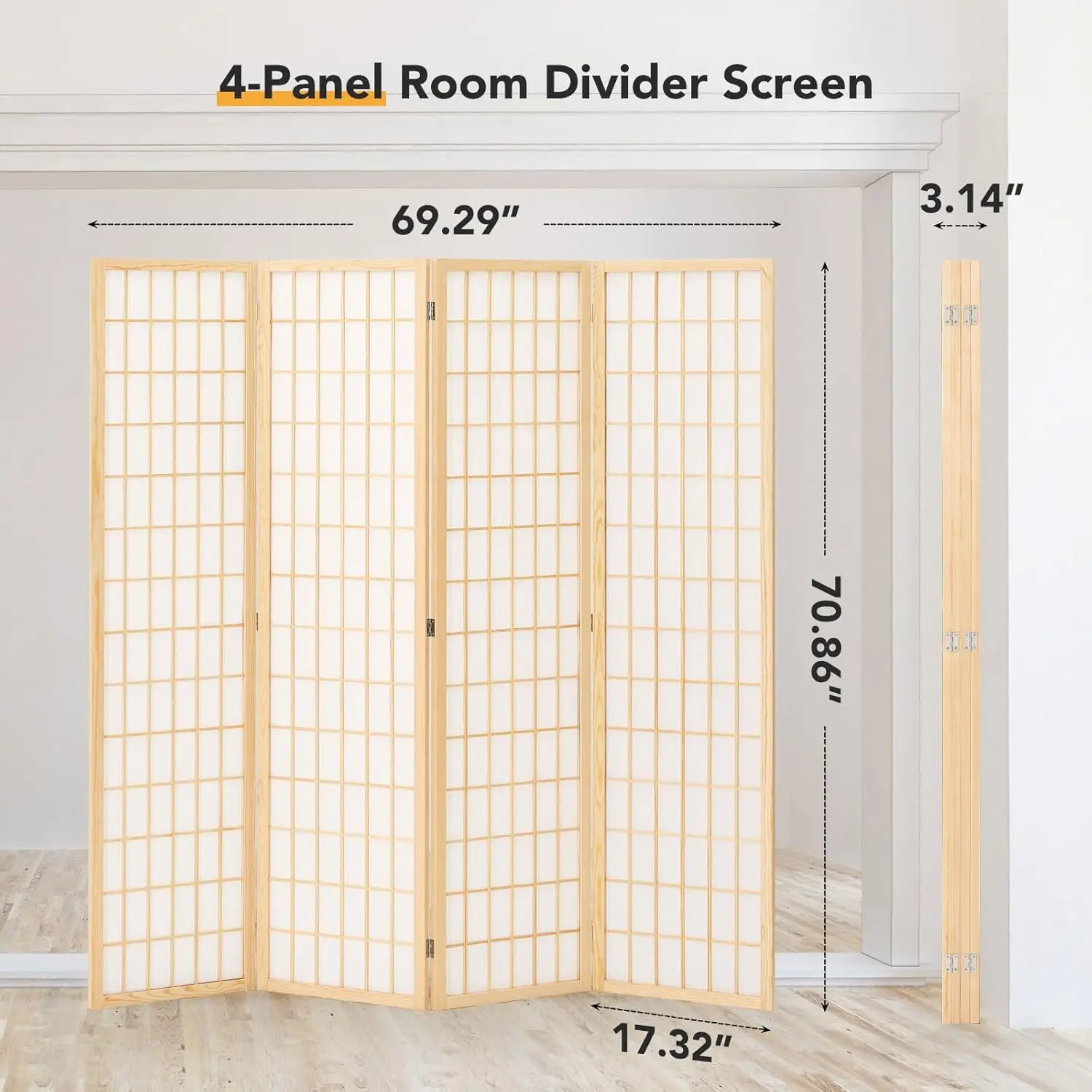 4-Panel Freestanding Retractable Room Divider with Art Deco Design Notch and Curve Privacy Screen