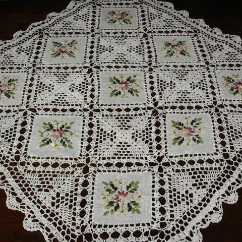 ribbon embroidered with crochet lace tablecloth