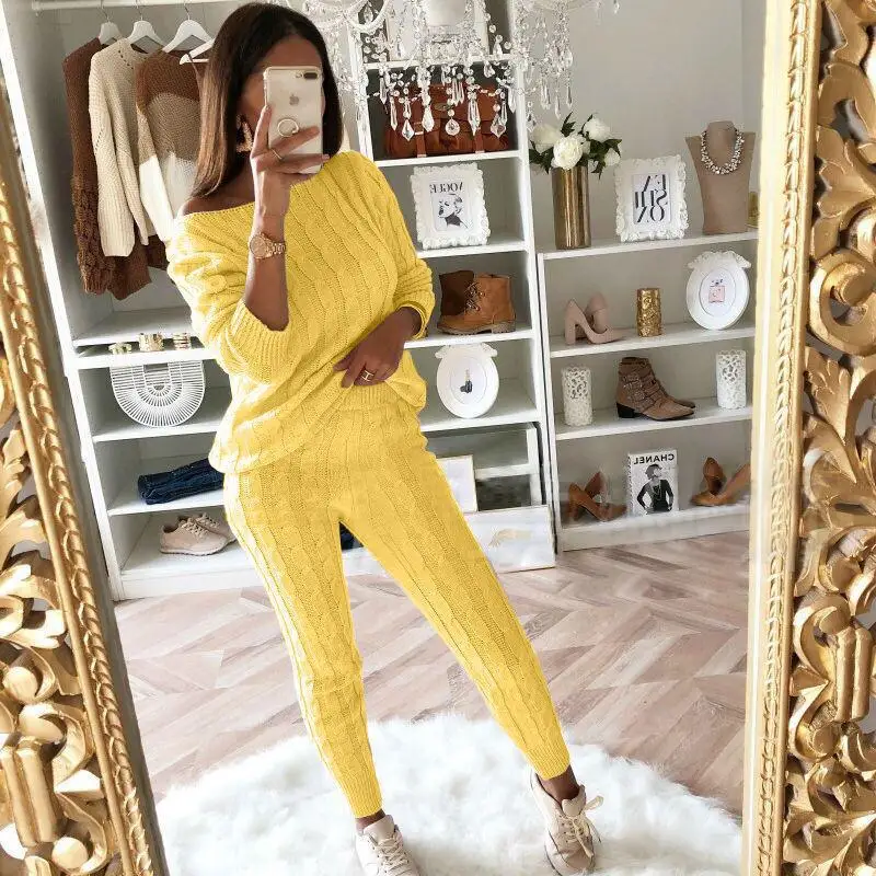 Winter Ladies O Neck Pullover Top Pants Sweater 2 Piece Set Sweater Suit Solid Color Oversized Knitted Sweater Set For Women