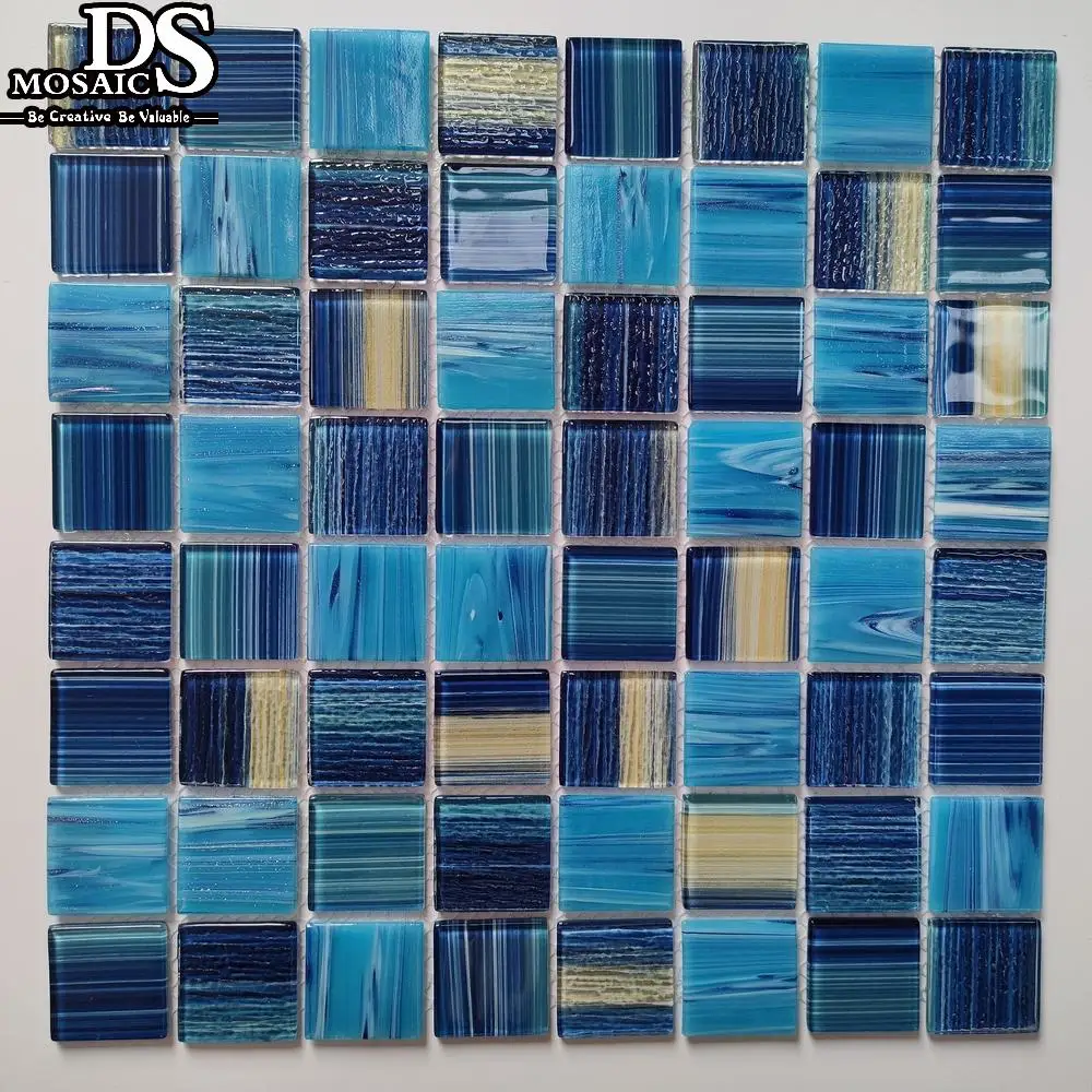 Blue Green Square 300x300 Pool Wall Floor Mosaic Tiles Hand Printing Hot Melt Glass Mosaics for Swimming Pool