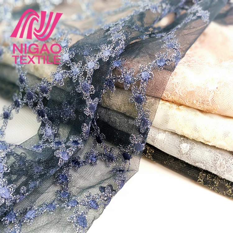 
2020 New design beautiful flower lace fabric Gold line embroidery tulle net fabric for Stock 