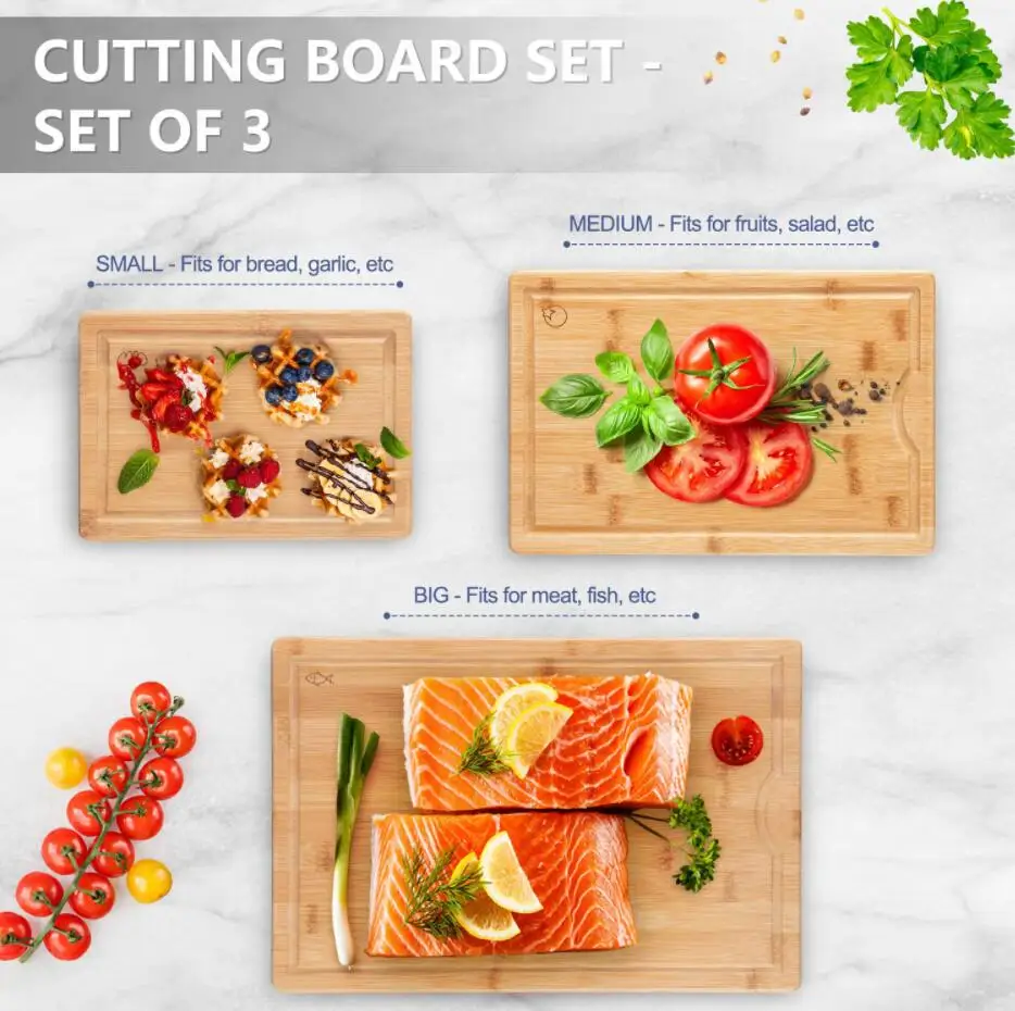 With Juice Tray Groove and Utensils Set Food Grade Wood Cutting Board for Gift Size Bamboo Customized Chopping Blocks Kitchen
