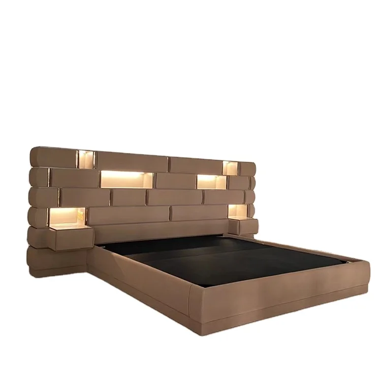 chinese foshan factory customized platform brown beds leather wooden frame furniture
