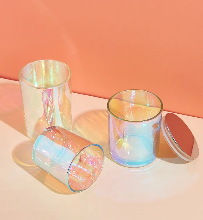 Luxury Custom 200ml 300ml 10oz White Empty Holographic Glass Iridescent Candle Jars Without Lids