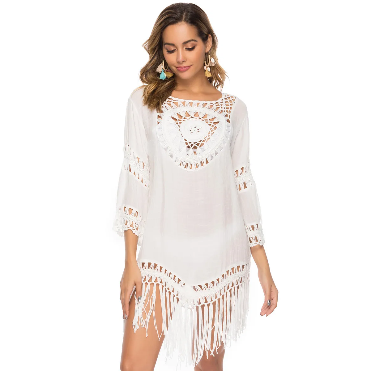 Women Summer Tassel Lace Hollow Crochet Cover Ups Tunic Swimsuit Beach Dress Tropical Beachwear