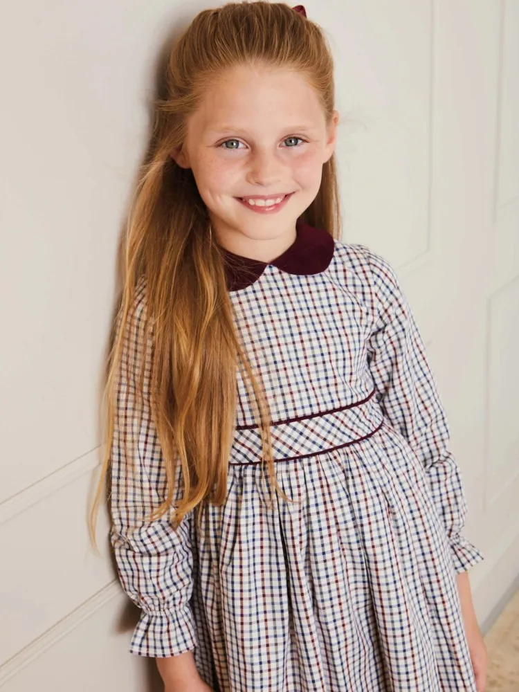 Custom Spanish Vintage Autumn Plaid Peter Pan Collar Children Boutique Long Sleeve Frocks Brands Clothes Kids Baby Girl Dresses