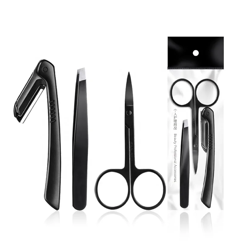 Wholesale  Eyebrow Trimming Suit 3PCS Eyebrows Kit With Eyebrow Razor Tweezers Scissor Stainless Steel Tweezers Set
