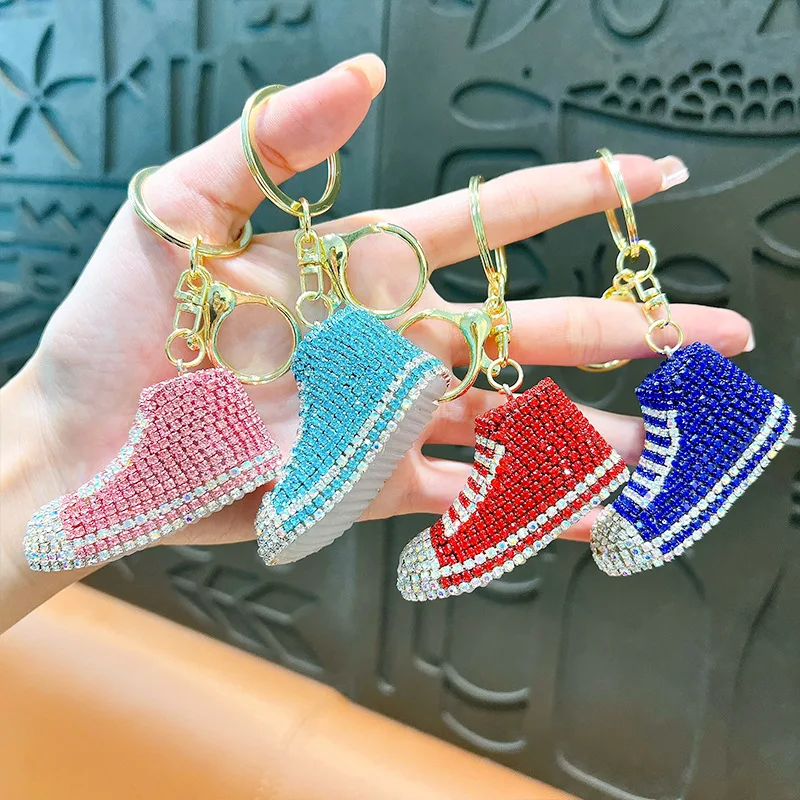 New Full Rhinestone Shoe Keychains Couple Bling Diamond 3d Sneaker Key Chain For Woman Bag Car Keyring Metal Key chain for sale