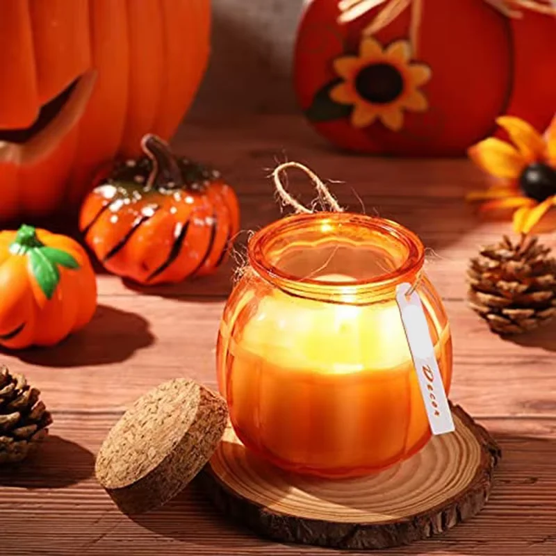 Wholesale 200ml High Quality Pumpkin Shaped Colorful Glass Candle Holder with Cork Lid for Decoration