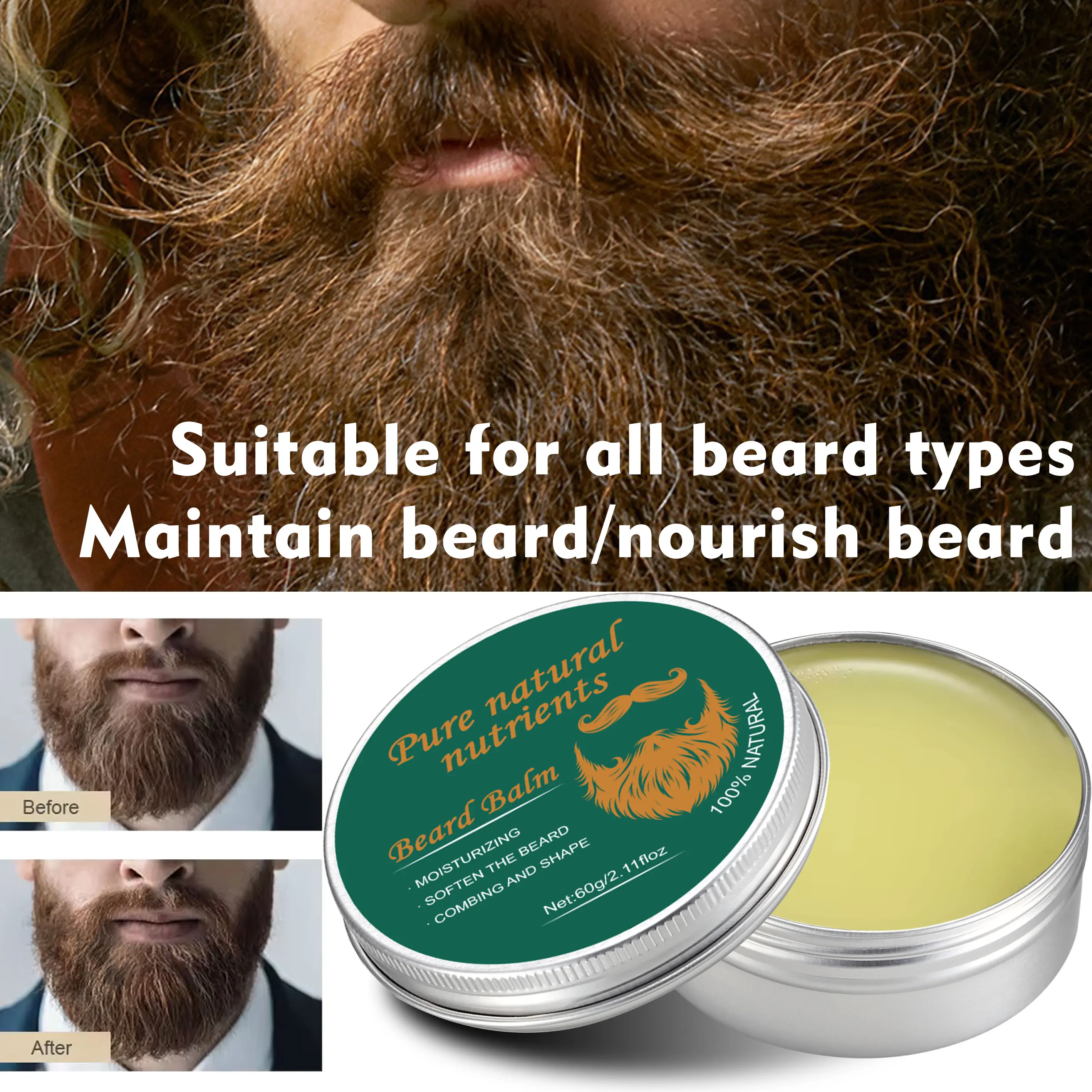 60ML OEM Private Label High Quality Natural Scented Beard Balm Organic For Mens Mustache Beard Care Products