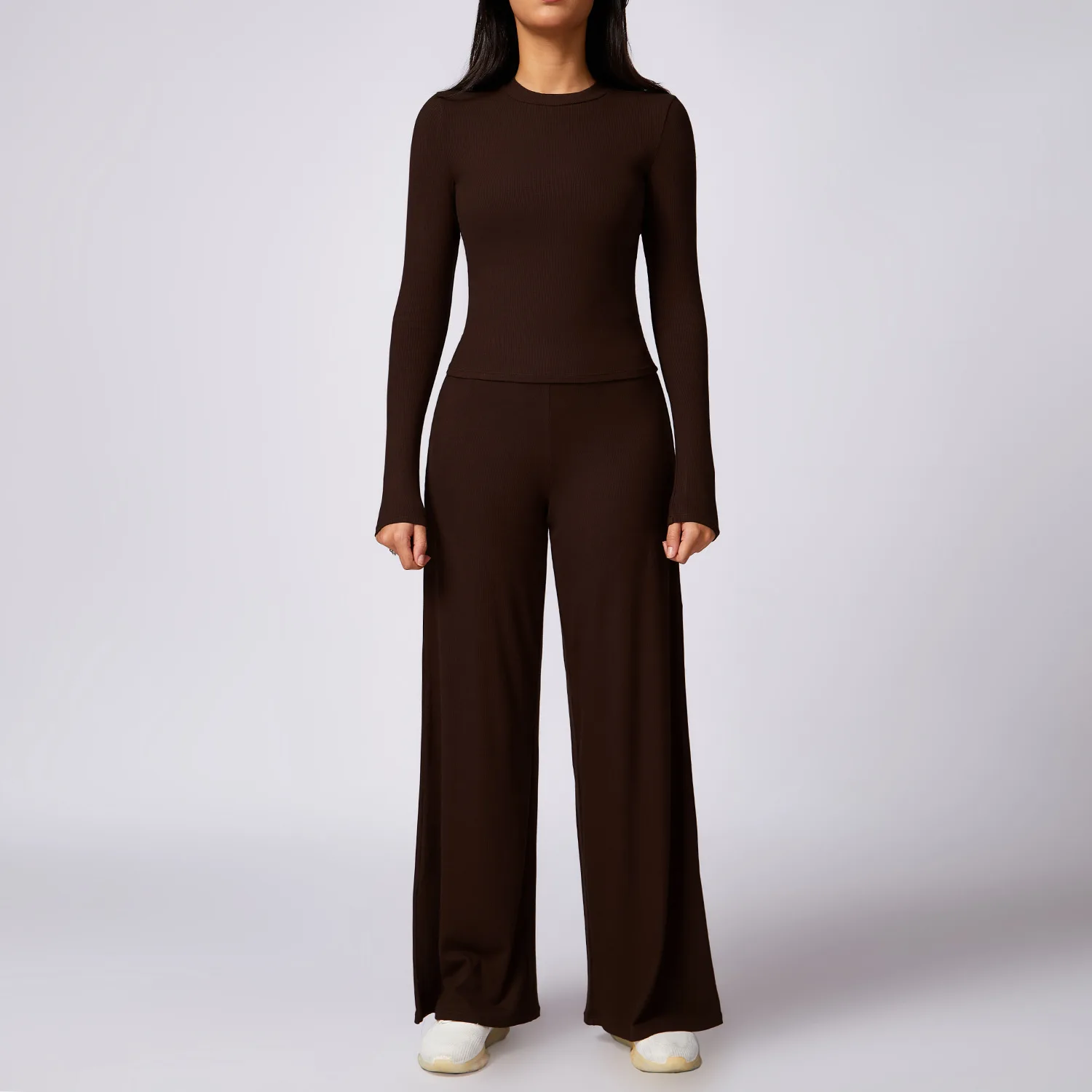 Wholesale Ribbed Sport Sets Loose Casual Pants Slim Long Sleeve T Shirts Sets Gym Clothing For Women Sports Sets