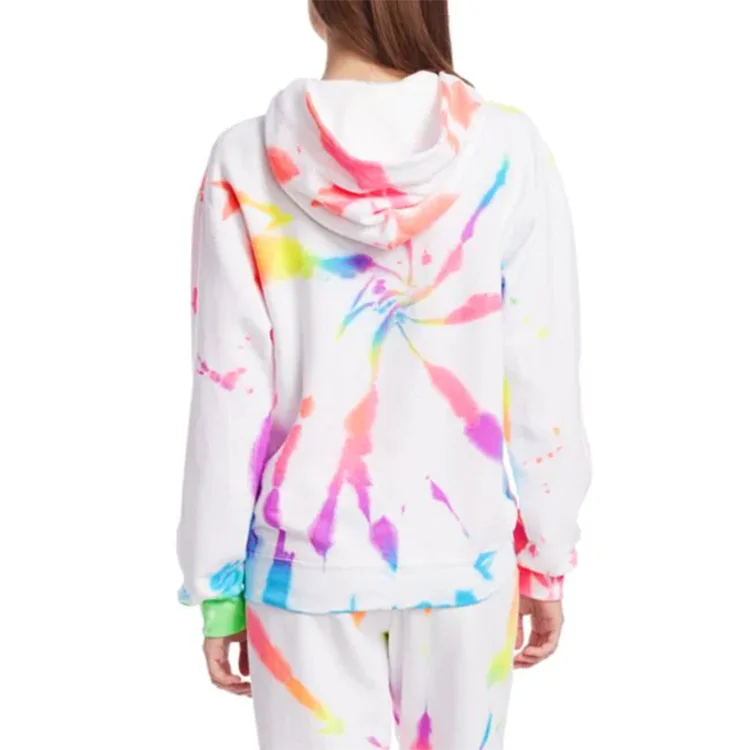 Wholesale Latest Design Neon Rainbow Hoodie Set Trendy 100% Cotton Custom Tie Dye sweatsuit joggers tracksuit for women