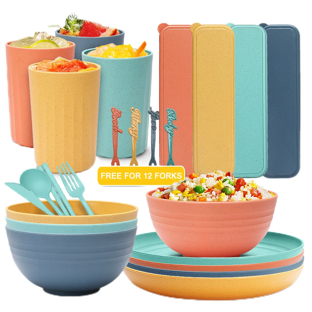 Amazon Bowl Cup Plate Vertical Set Home Salad Bowl Dinner Plate Mug Portable Tableware Cutting Board Wheat Straws