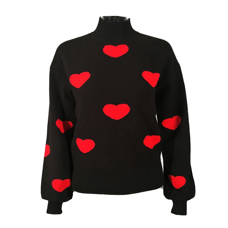 
KEYIDI Autumn Winter Red Heart Loose Knit Black Sweater Pullover Woman 