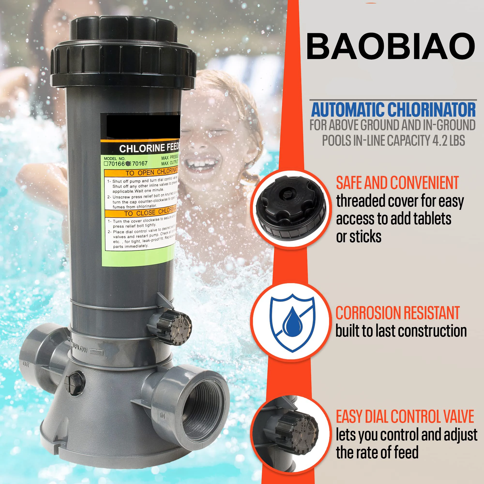 Baobiao Custom Logo Free Piscina Alberca Above Ground Replacement Off Line Automatic Pool Chlorinator Feeder For Swimming Pool