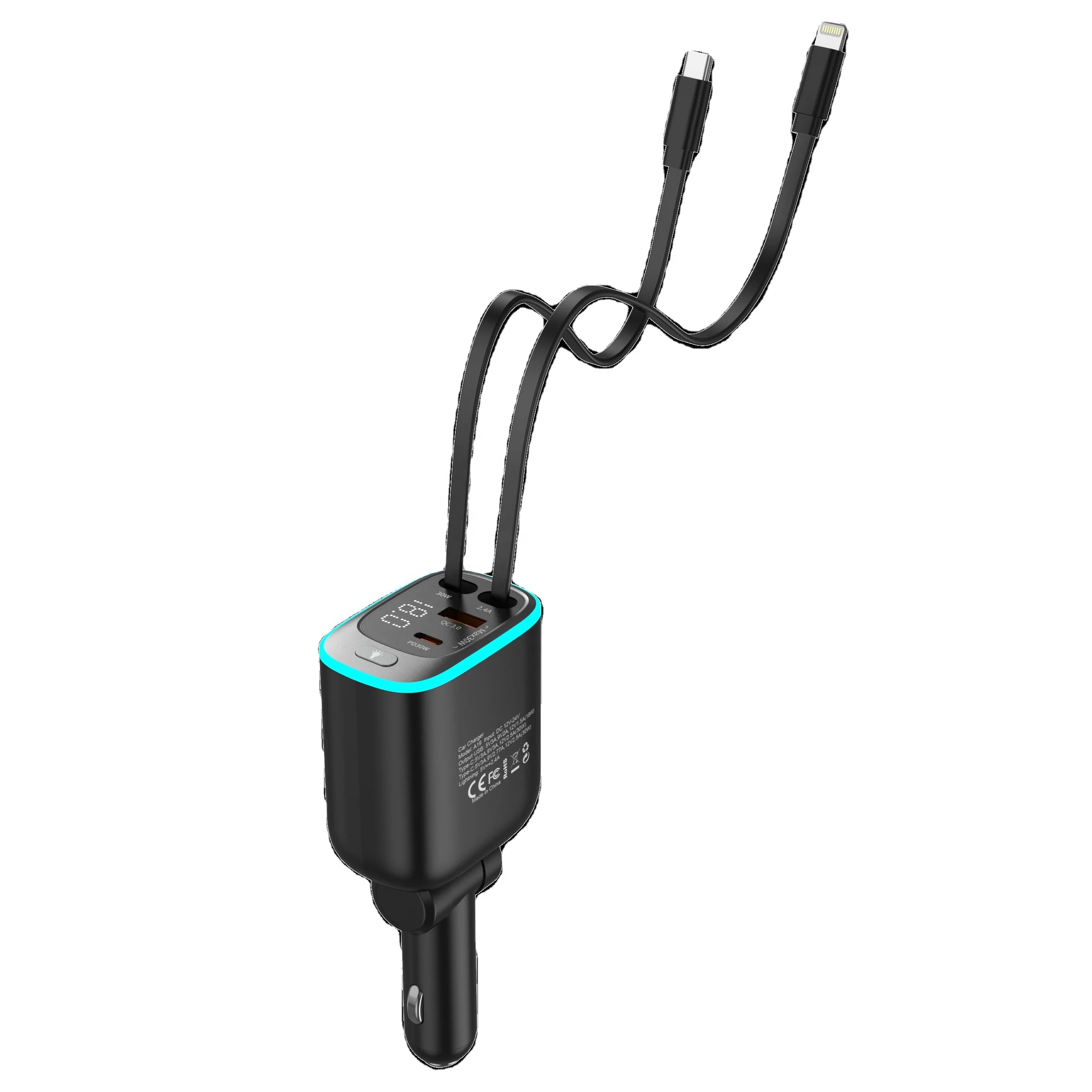 AGETUNR A19 fast car charger retractable cord 65CM 30W Type-C+12W Lightning cable LED display 18W QC3.0 + 30W PD charging ports
