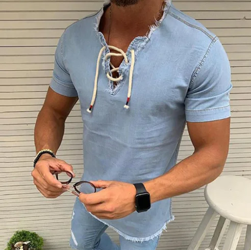 Zm62686c Модные мужские футболки с коротким рукавом с V-образным вырезом на шнуровке однотонные тонкие мужские ковбойские футболки