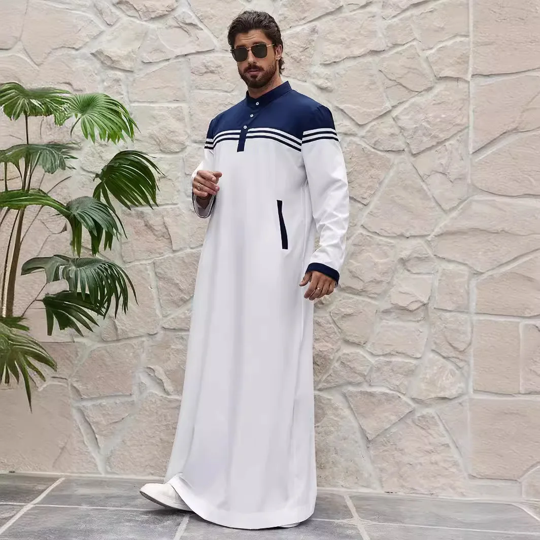 Middle east dubai turkish muslim preppy style men contrast color patch work shirt robe thobe