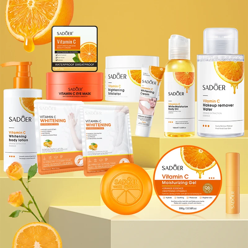 SADOER Hot Selling Skin Care Set Natural Organic Vitamin C Whitening Face Hand Eye Body Lotion Moisturizer Oil Exfoliating Gel