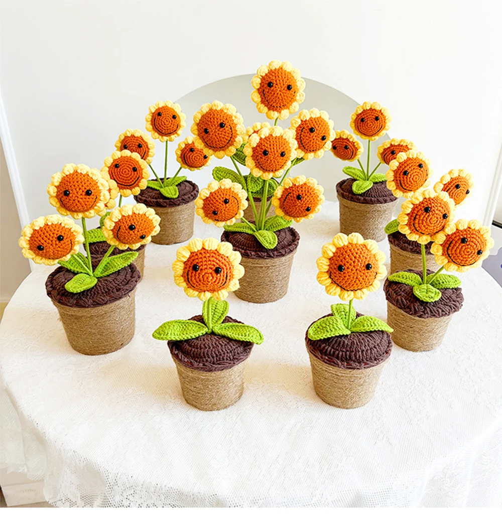 Wholesale Handmade Crochet Flower Woolen Knitted Sunflower Pot