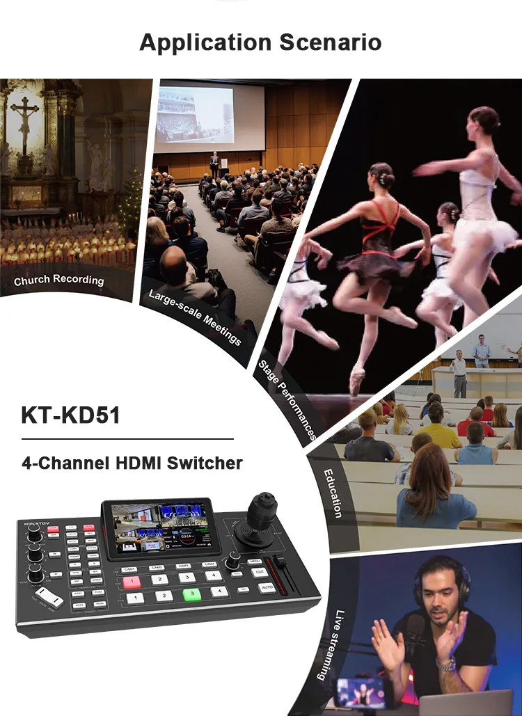 Professional 4 channels mixer switcher live streaming black magic video 5.5 inch FHD LCD screen PTZ control video switcher
