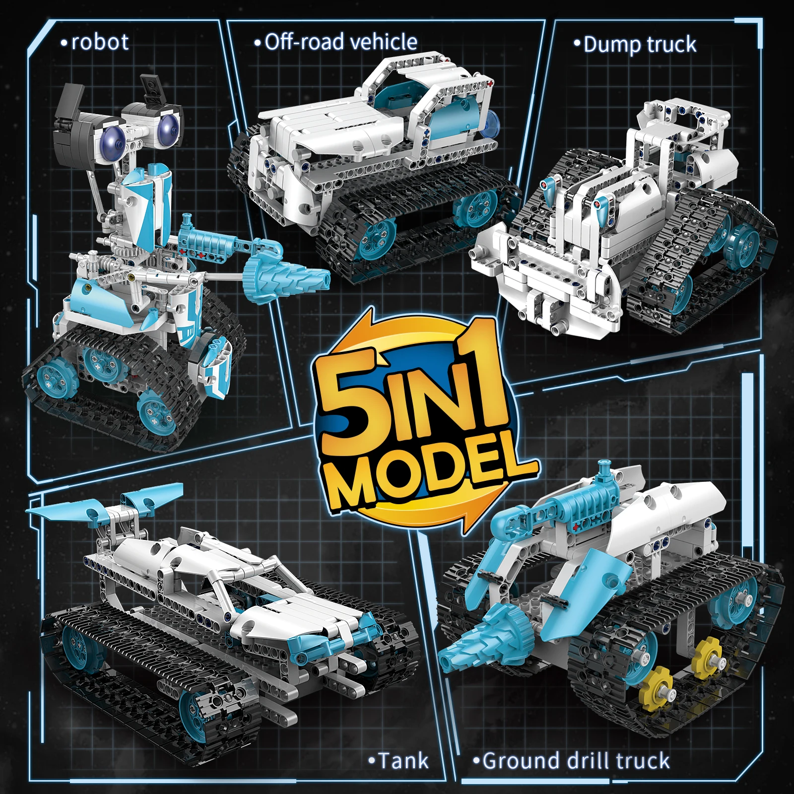 STEM  720PCS 5-in-1 2.4G 4CH Remote and APP Bluetooth Controlled Building RC Robot and vehicle Kit