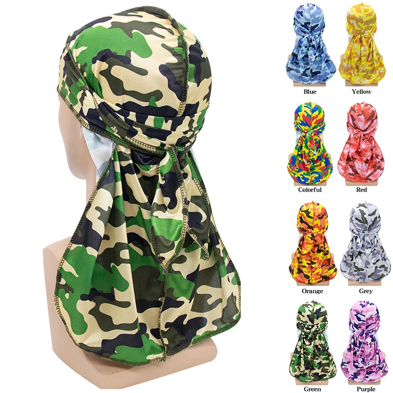 Low MOQ factory wholesale velvet camouflage durags custom logo silk stretchable designer satin bonnets for men women
