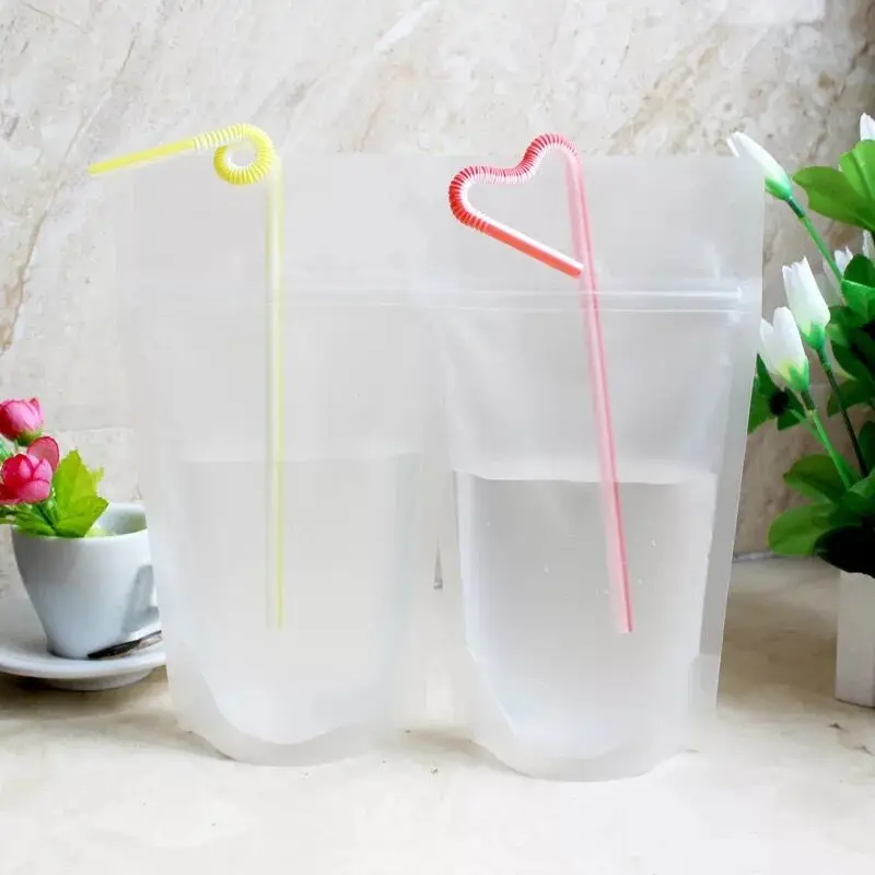 500ml No Printing Matte Stand up Zipper Clear Food Plastic Drink Juice Pouch With Straw