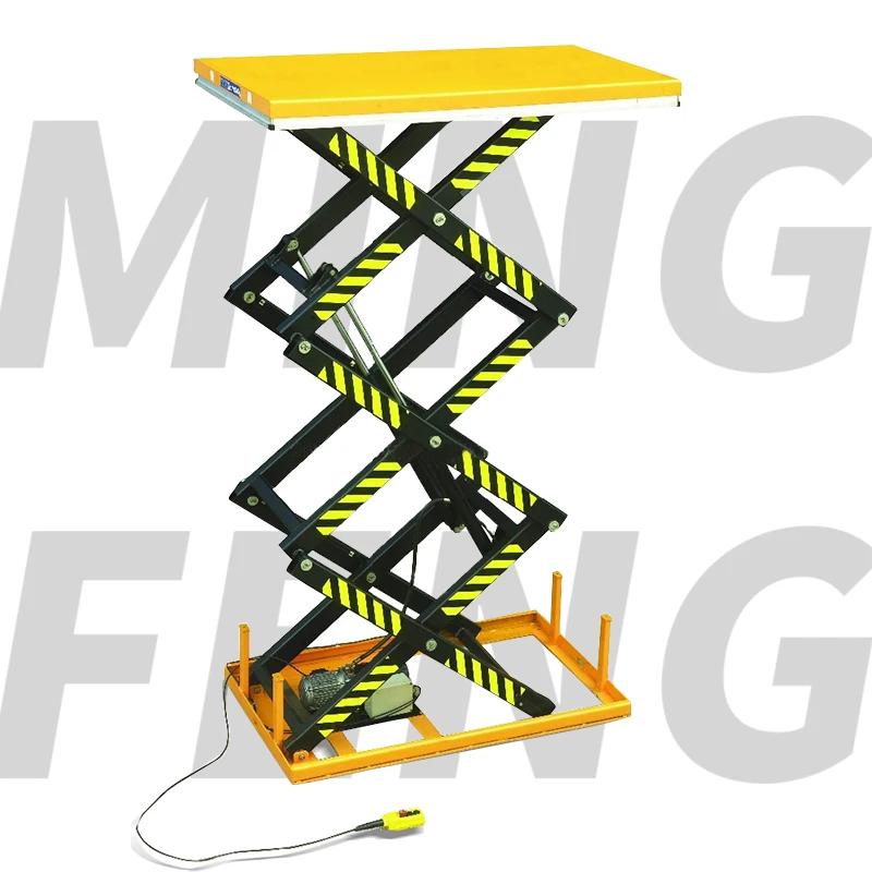 mingfeng 3m electric fixed three scissor lift table 1000kg 2000kg capacity hydraulic lift platform