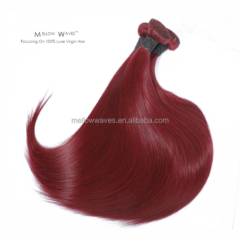 Mellow Waves  12A Brazilian Virgin Hair 99j Burgundy Straight Hair Weaves Red Wine Color 100% Unprocessed Human Hair Weft Weaves