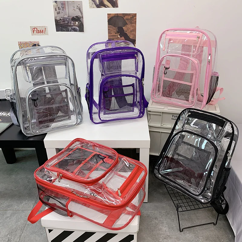 Custom logo  Fashion Large Clear Student School Bookbags Plastic Transparent Heavy Duty Pvc Backpack School Bag For Adults