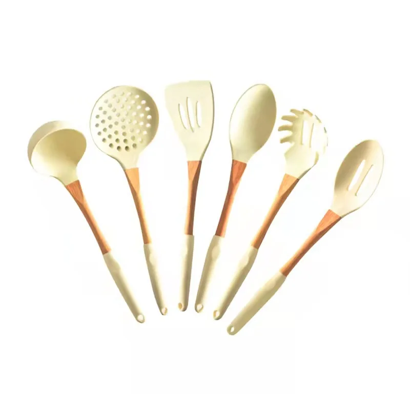 Factory direct silicone kitchenware set wooden handle cooking spoon spatula 6 piece set kitchen utensils spatula spot wholesale