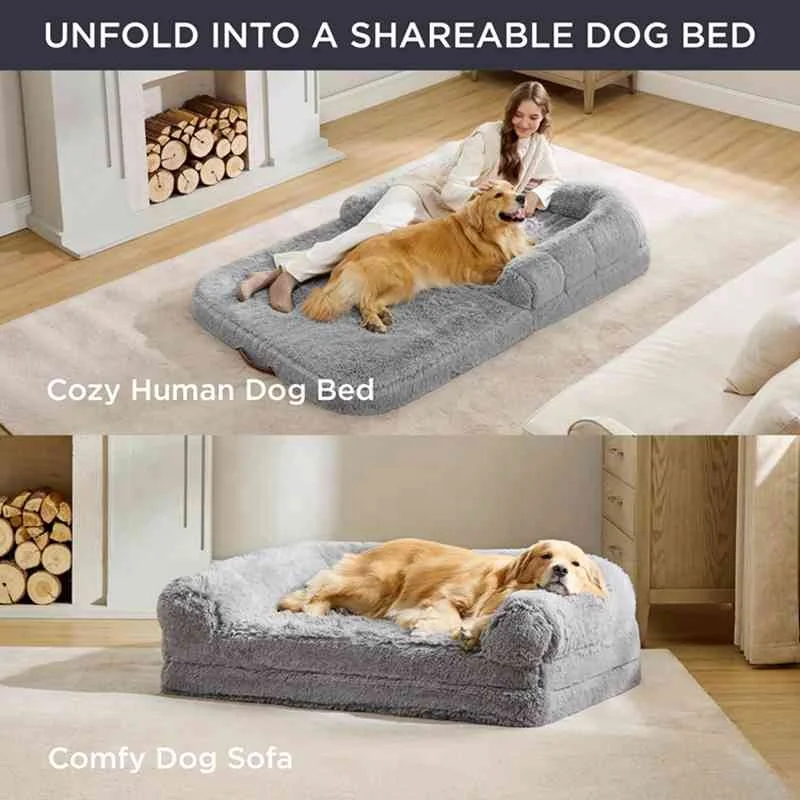 Foldable Human Dog Bed for People 2 in 1 Calming Human Size Giant Dog Bed Egg Foam Supportive Mat Faux Fur Orthopedic Dog Sofa