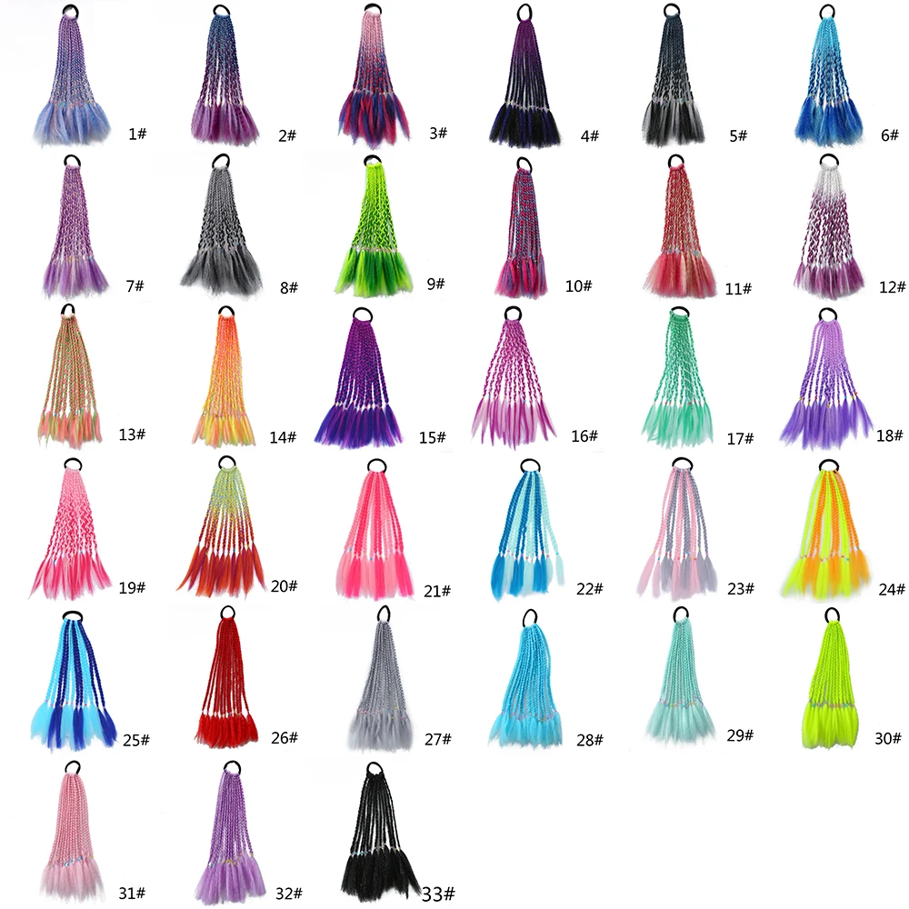 Synthetic Ombre Color Braided Ponytail Extension Wig Hair Ties Twist Braiding Hair with Rubber Band For Kid Hair Accessories