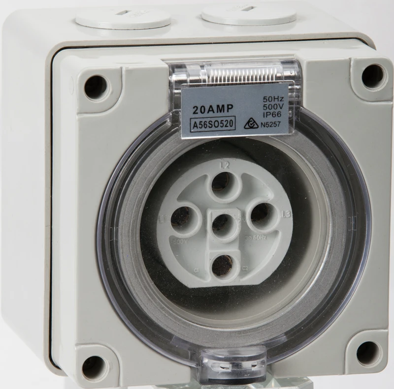 Clipsal 56SO520 Surface Socket Outlet, 5 Round Pin, 20AMP, 50Hz 500V, IP66 Gray