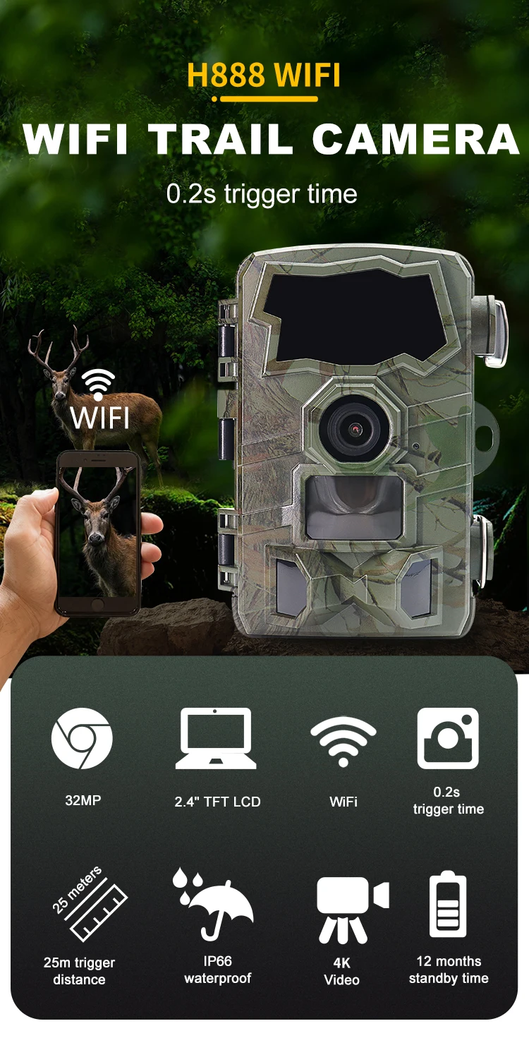 H888WIFI trail cameras with night vision motion activated huntingcamera wireless security camera system outdoor 4K wifi
