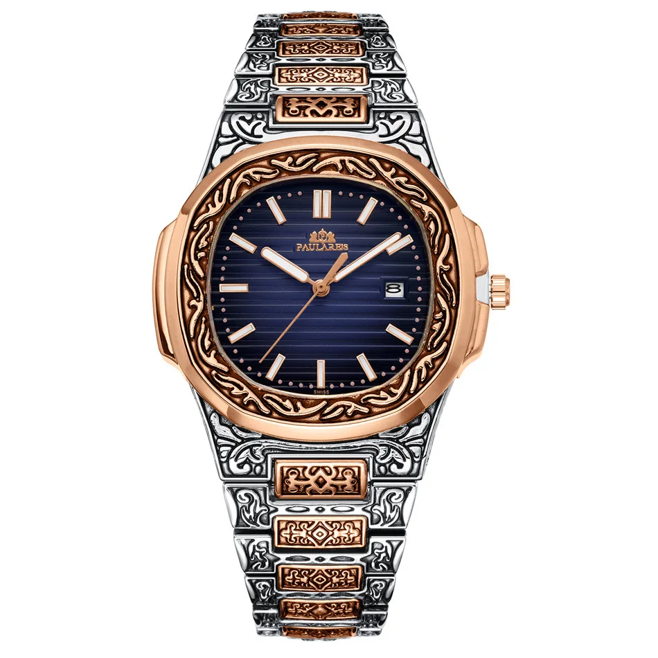 Paulareis Men  Luxury Watch Antique Vintage Luminous  Silver Gradient Blue Grey Fashion Quartz Watches