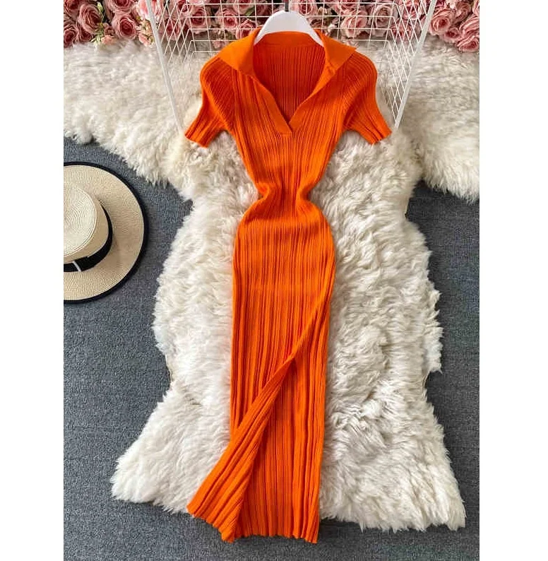 New Arrivals Slit Ladies Solid Color Knitted Pencil Dress