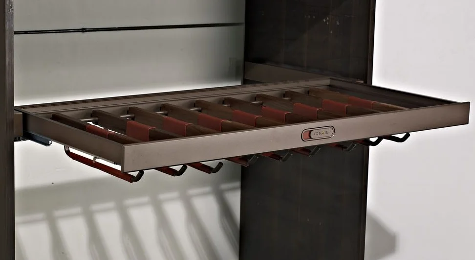 Aluminium Walnut Wood Wardrobe Drawer Slide Closet Organizer Pull Out Soft Close Leather Trouser Rack