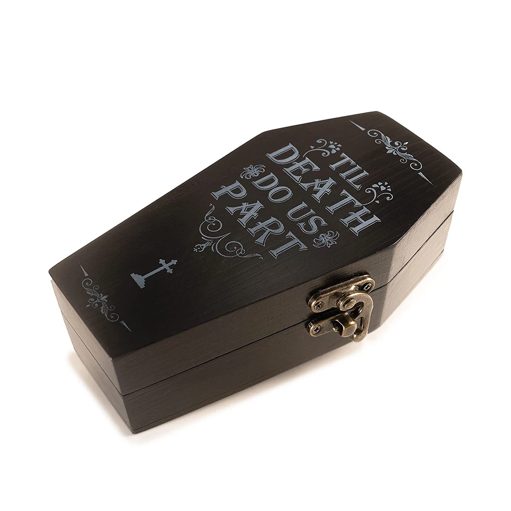 Creative Halloween Wedding box coffin shaped packaging wooden box Small Black Wood Coffin Ring Box