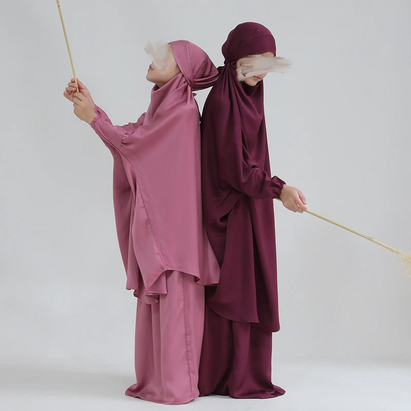Girls Jilbabs High Quality Ramadan Muslim EID Kids Prayer Dress Long Hijab Top and Skirt Children Two Piece Jilbabs Abaya Set