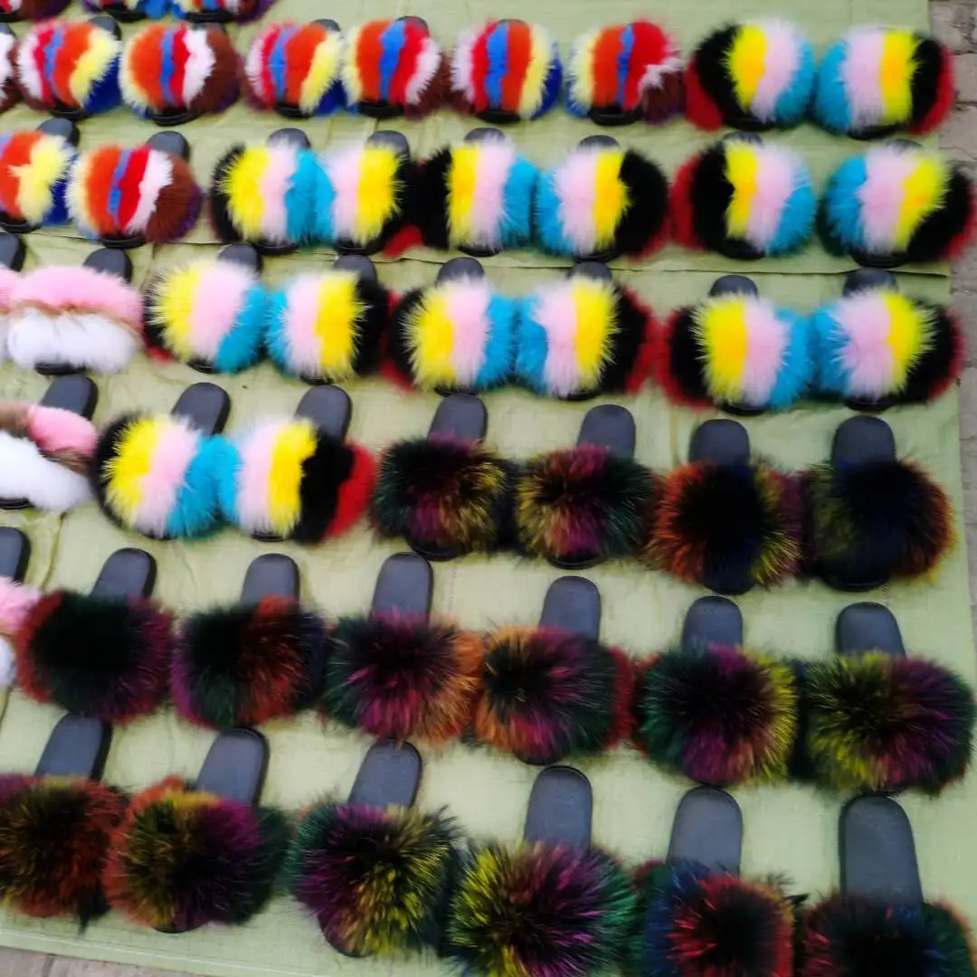 2020 customized Color matching wholesale fur slides fluffy fox slippers  purse real fox fur slippers women Raccoon fur