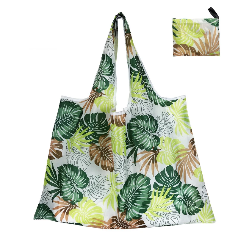 Low MOQ 210D Polyester Large Size 56x41cm Reusable Foldable Grocery Bag For Supermarket Shopping With Banana Leaf Print