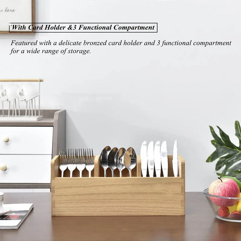 Wooden kitchen utensil holder countertop utensil storage box with 3 compartments