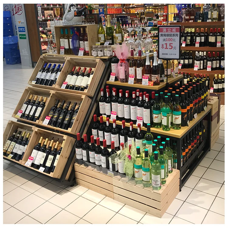 Factory Price 3 tier store wine display stand combination supermarket wood wine storage shelf