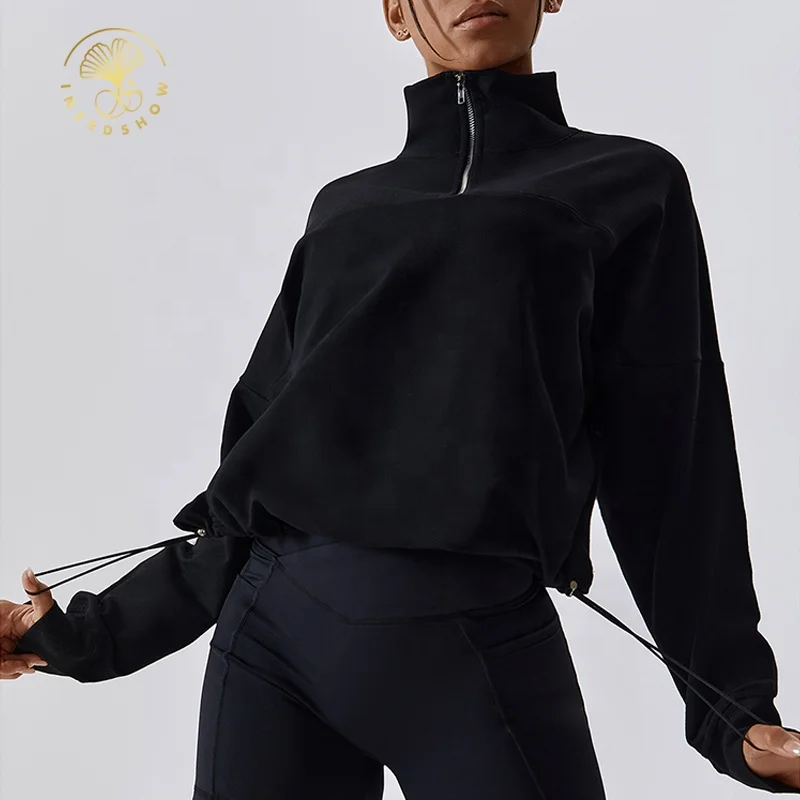 Custom Private Label Womens High Collar Blank Drop Shoulder Quarter Half Zip Oversized Hoodies Sweatshirts Wholesale For Womens