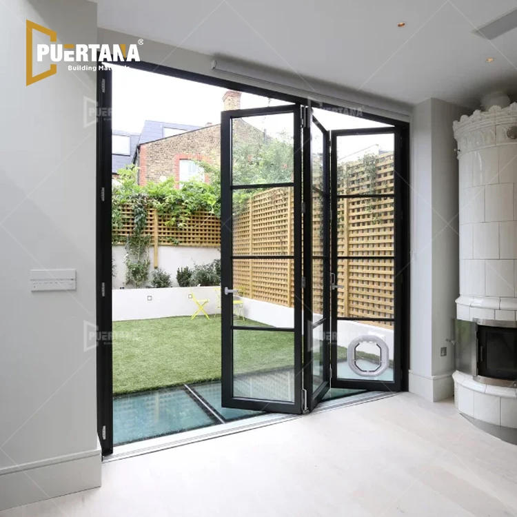 Steel Look Aluminium Tempered Glass Front Accordion Folding Door Exterior House  Aluminum Bifolding Patio Door